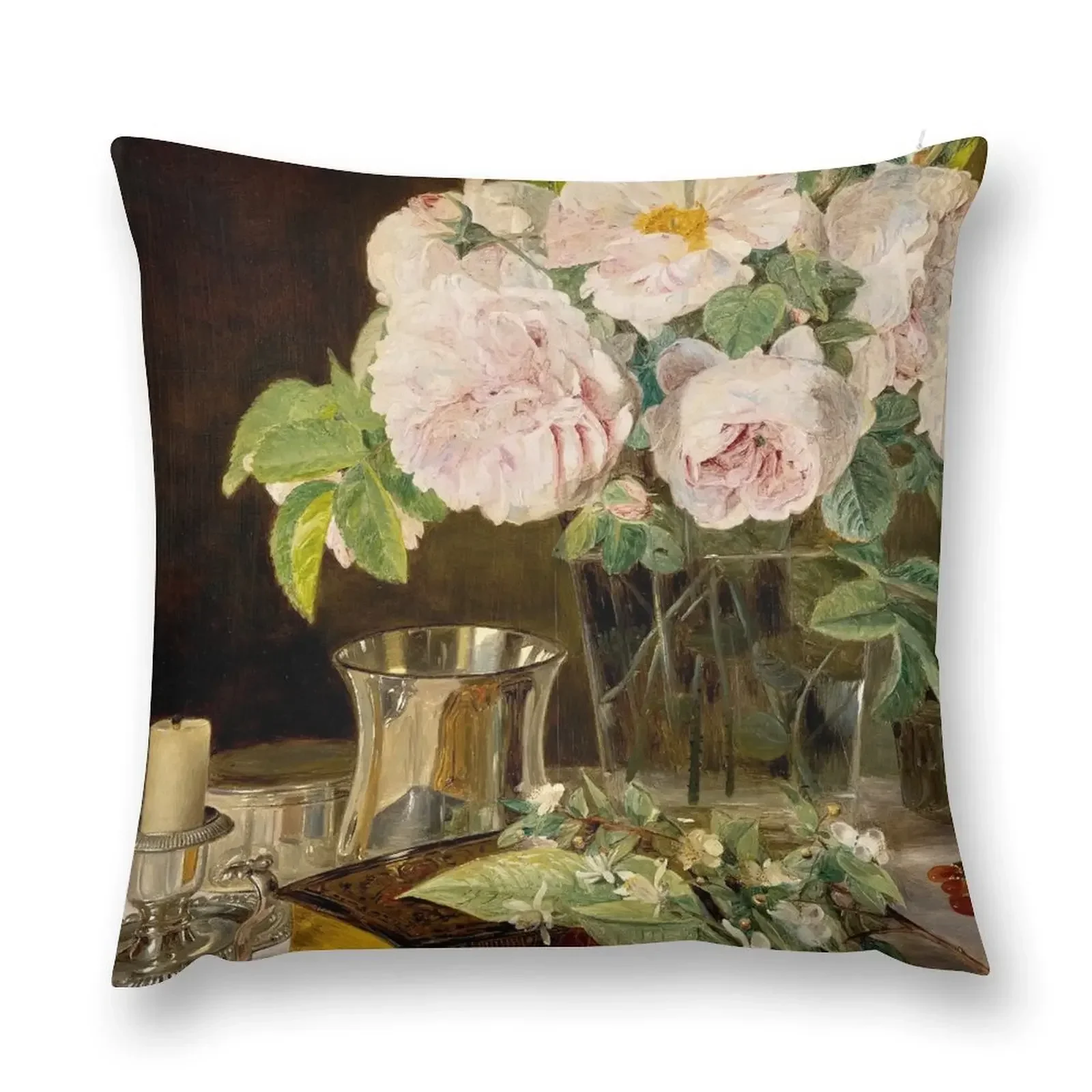 Still Life of Roses in a Glass Vase, A Candlestick, A Book, and Silver Cup by Ferdinand Georg Waldmüller (retouched Throw Pillow