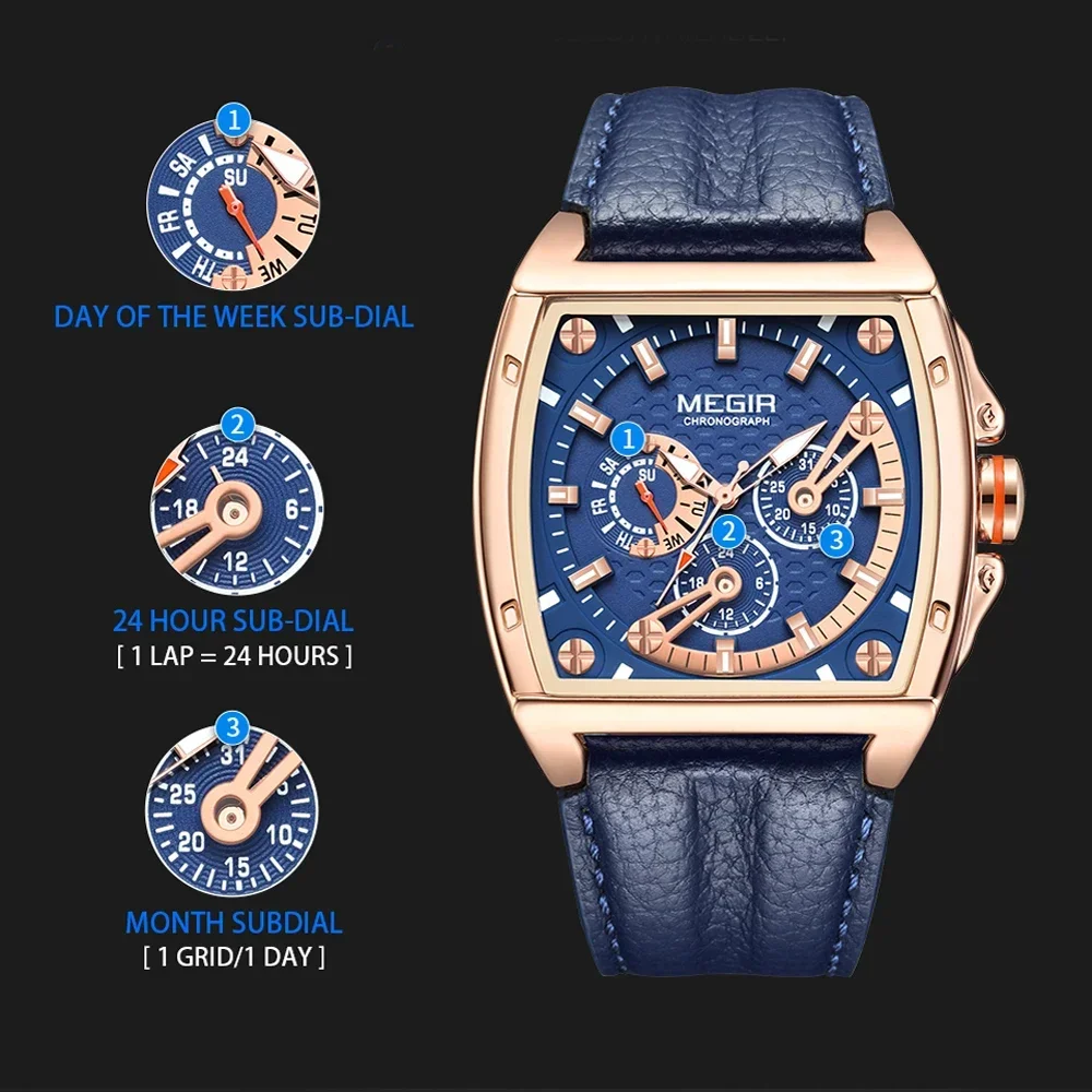 MEGIR Luxury Watch For Men Quartz Sport Waterproof Chronograph Man Watches Military Fashion Leather Strap Wristwatch Male Clock image 5