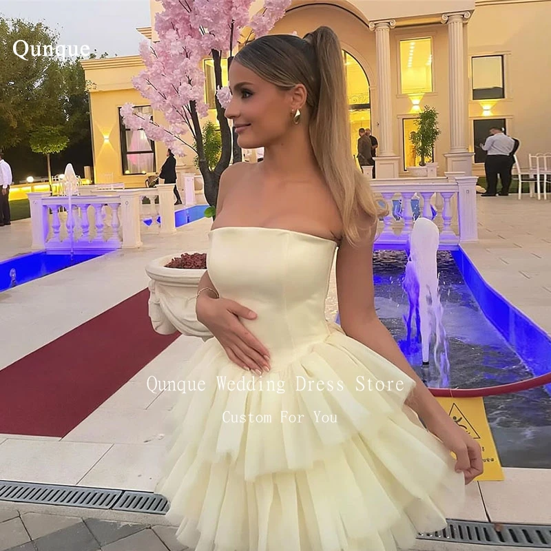 

Qunque Elegant Mini Yellow Evening Dresses Short A Line Tiered Tulle Formal Dresses Woman Boat Neck Robes De Soirée Customized