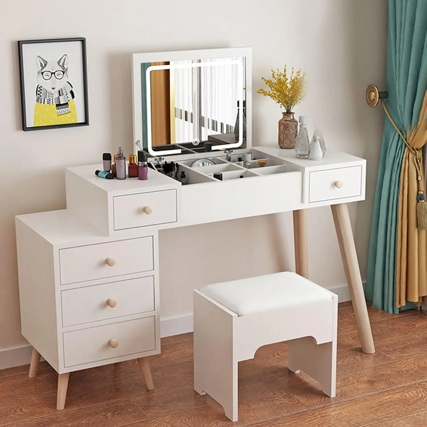 

Furniture Modern Portable Wooden Corner Vanity Makeup Desk Storage Cabinet Dressing Table With Lights Mirror And Chair