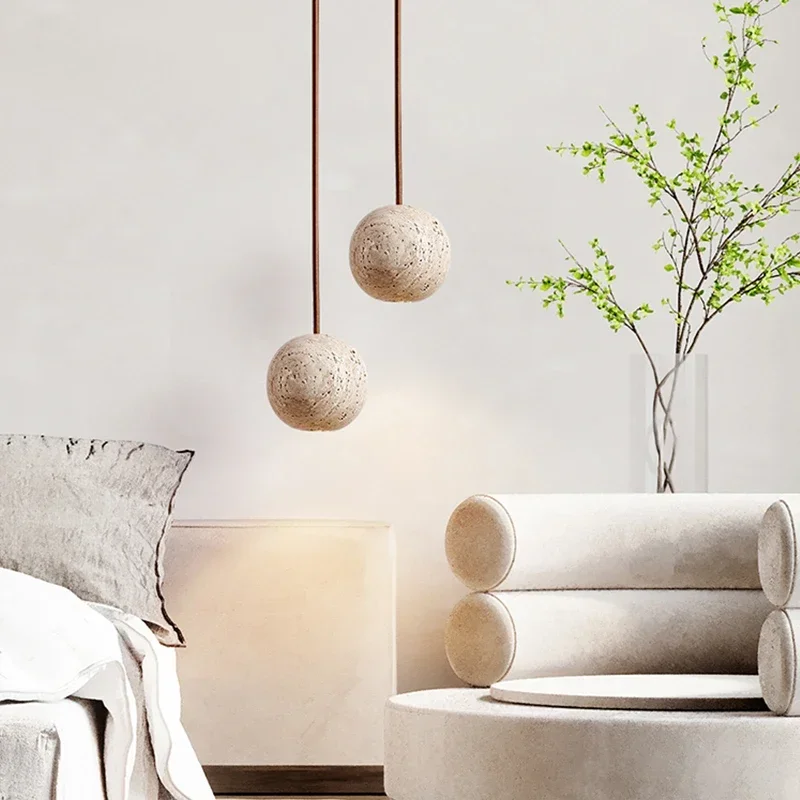 

Creative Small Round Led Pendant Lamp Stone Yellow Travertine Chandelier Bedside Reading lights Minimalism Hanging Line Lighting