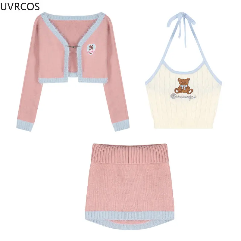 Pink Autumn Kawaii Lolita Style Skirt Sets Women Korean Fashion Cute Bear Embroidery Knit Cardigan Mini Sweater Skirt Sweet Suit