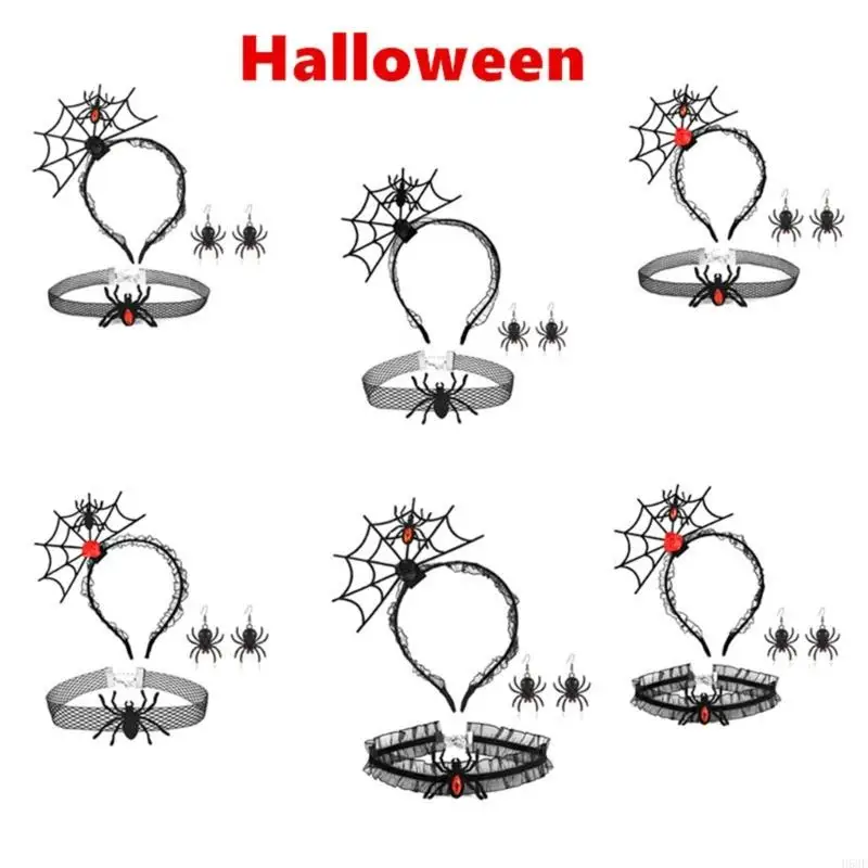 H58E Spiderweb Form Stirnband und Choker Dangle Ohrring Kinder Erwachsene Halloween Kostüm