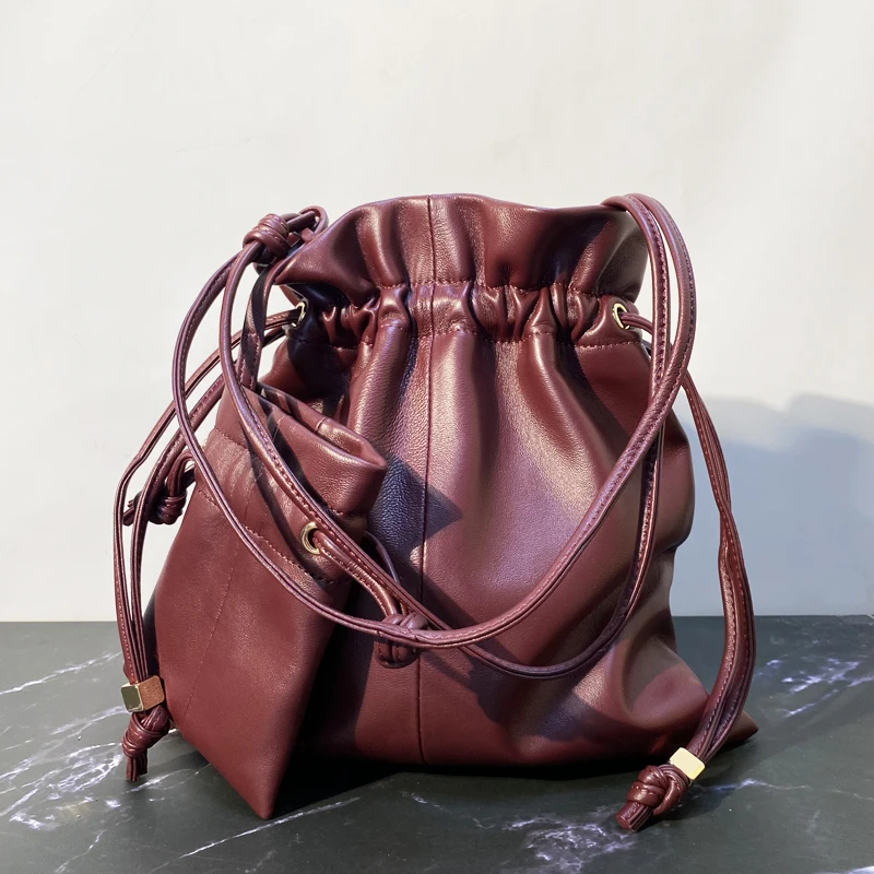 Leather Small Drawstring Pouch Bags For Women Luxury Designer Handbag Purses 2026 New In Sheepskin Metal Sheet Underarm Shoulder