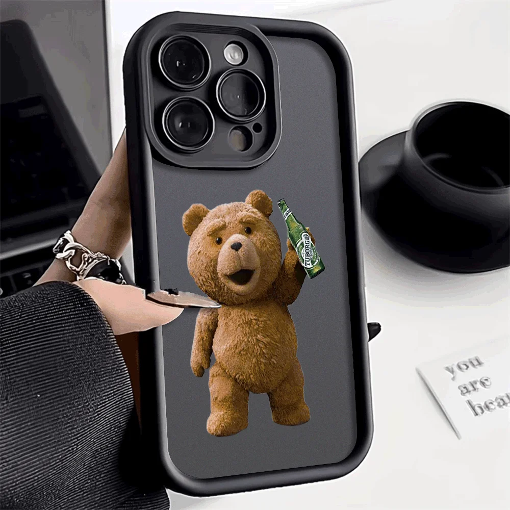 Urso de pelúcia segurando garrafa de cerveja tuborg caso de telefone para iphone 16 15 14 13 12 11 pro max plus anti risco, gel protetor flexível