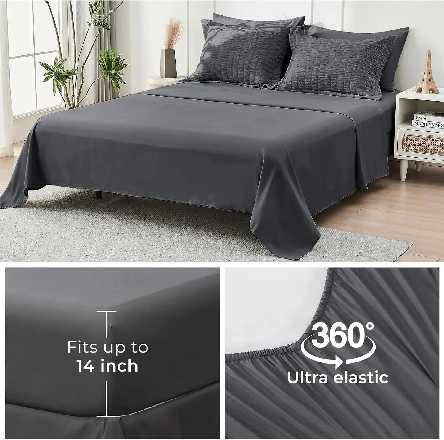 Queen Comforter Set Seersucker 7 Pieces, All Season Luxury Bed in a Bag for Bedroom, Bedding Set with Comforters, Sheets, Pillowcases & Shams, Dark Grey - view 6