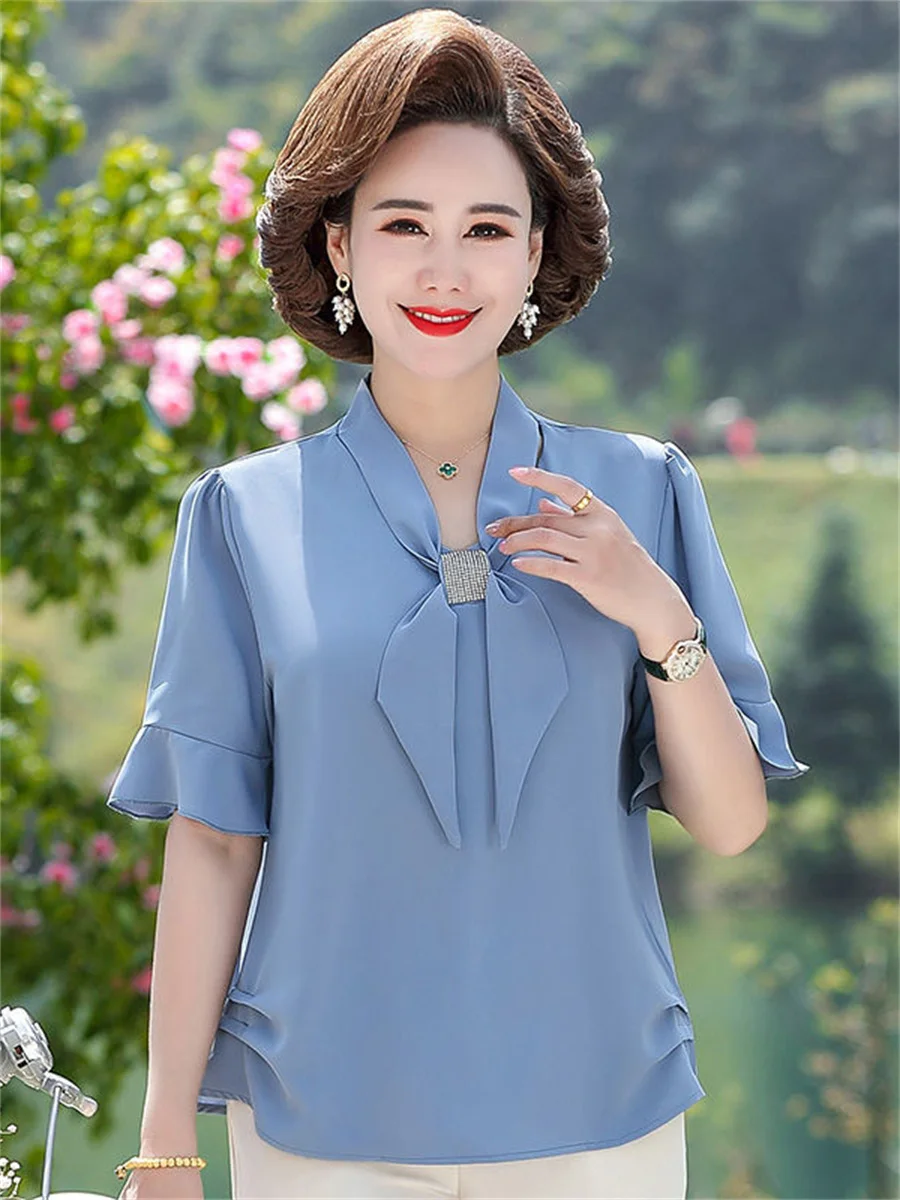 

4XL Women Spring Summer Blouses Shirts Lady Fashion Casual Short Sleeve Bow Tie Collar Solid Color Blusas Tops TT2395