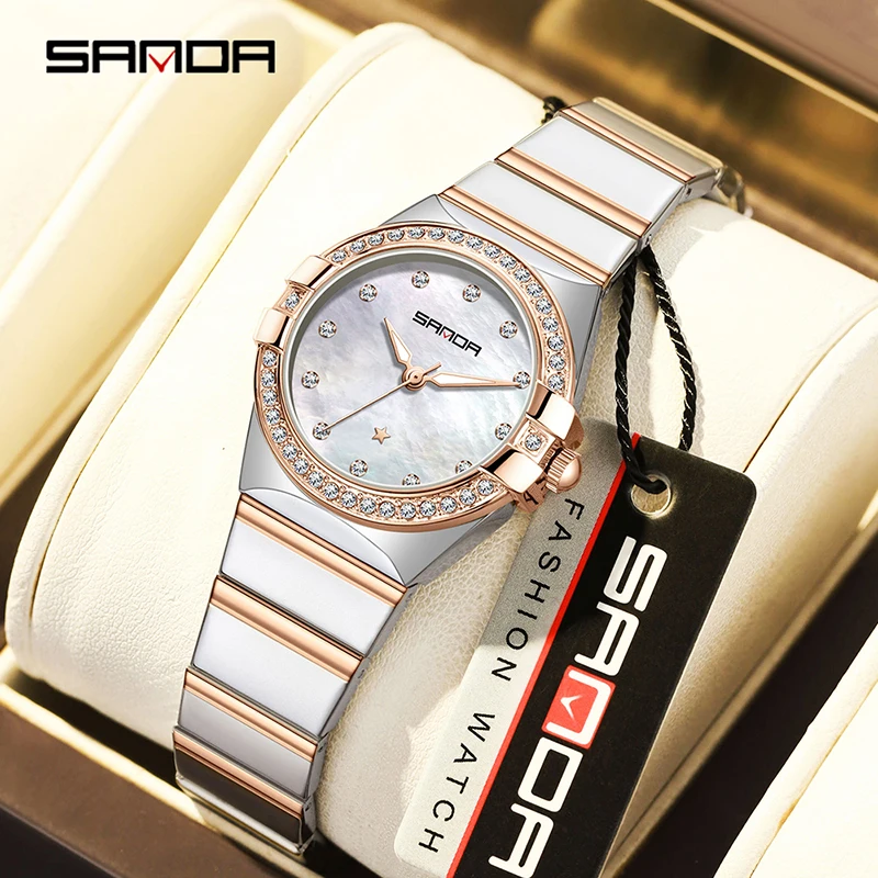 

SANDA1148 Luxury Women's Quartz Watch with Mother of Bell Dial and Diamond studded Steel Strip 3ATM Waterproof Fashion Watch