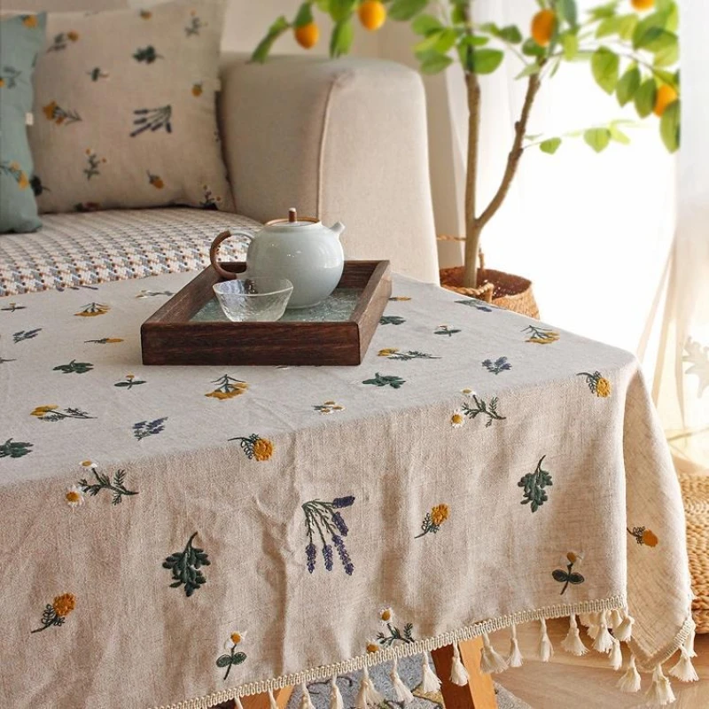 Embroidered Country-style Tablecloth, Japanese-style Light Luxury Rectangular Linen Cream Style Desk Cover Table Linen Colth