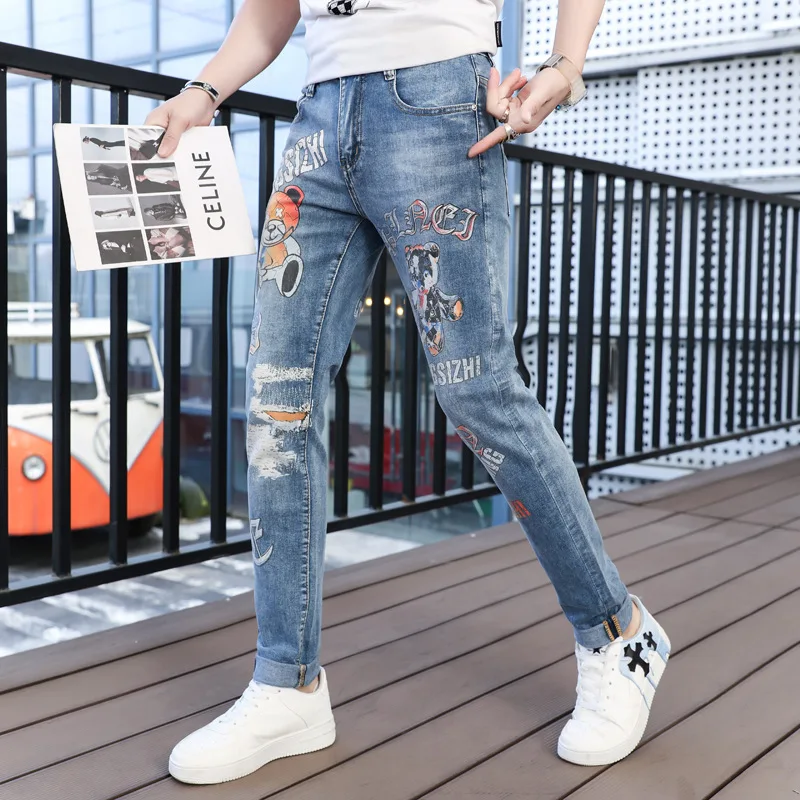 Street Panda Printing Light-Colored Jeans Men's High Street Pants Washed Handsome Casual Trousers Summer Thin Skinny Jeans Men