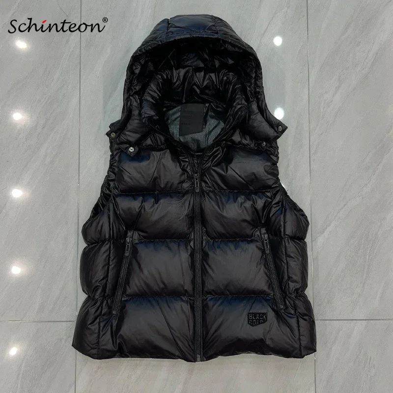 

Schinteon Women White Duck Down Vest with Removable Hood Casual Autumn Winter Warm Thick Bright Black Sleeveless Jacket New