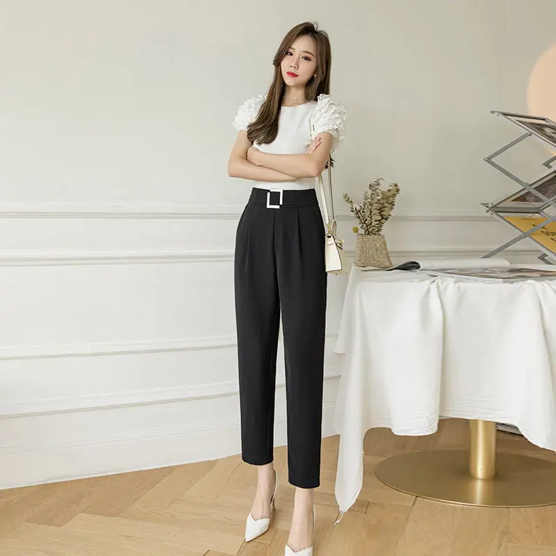 Pants For Women Korean Plain Aesthetic Fashion Cigarette Pants Black Straight Casual High Waist Trendy Loose Suit Chiffon Thin