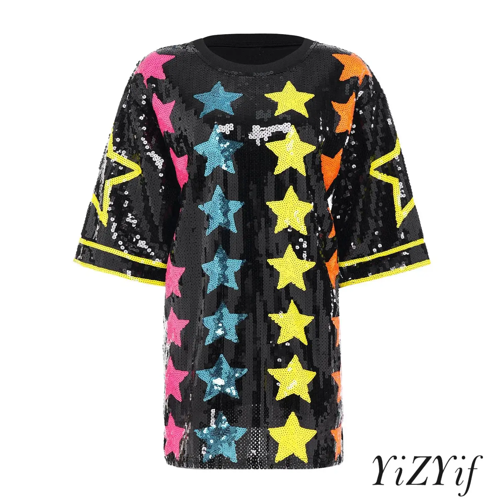 

Star Sequined Oversized T Shirt Dress for Women Crew Neck Half Sleeve Color Blocking Streetwear for Matches Festival Party