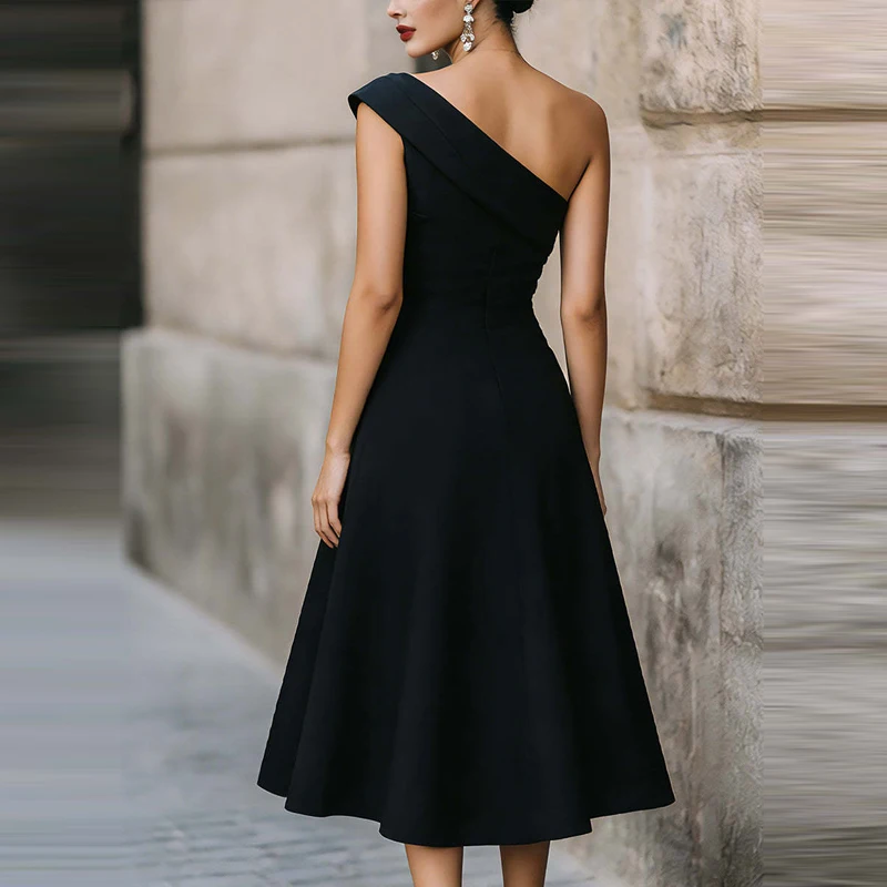 

Sexy Sloping Shoulder Backless A-line Dress Elegant High Waist Backless Party Evening Dress Unique Solid Color Sleeveless Dress