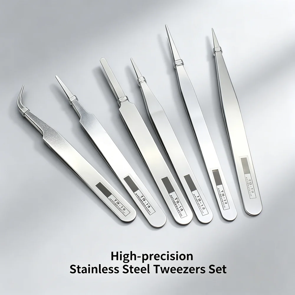 Ensemble de pinces antistatiques multi-types, pinces droites et courbées à pointe fine en acier inoxydable pour la réparation de téléphones, de montres et de modèles