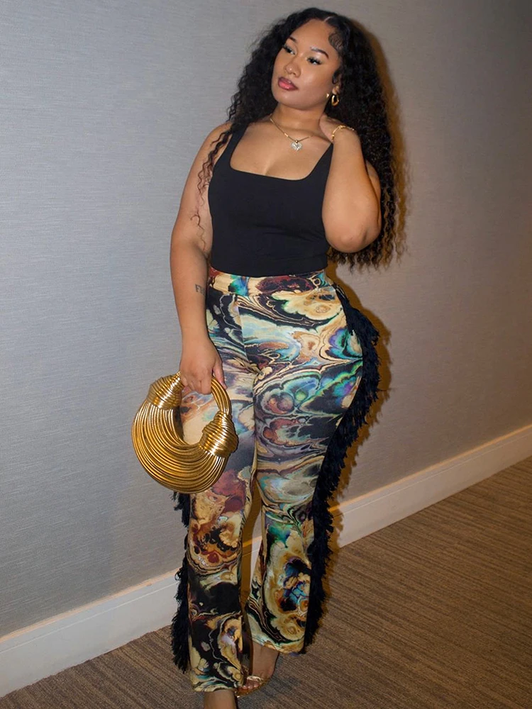 Nibber Kleurrijke Art Print Kant Kwastje Flare Broek Vrouwen Patchwork Herfst Trend Sexy Wilde Slanke Straat Skinny Clubwear Broek