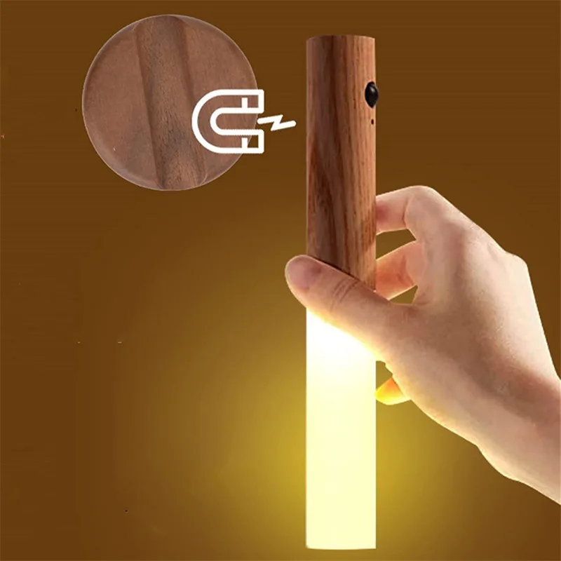 Luxury Intelligent Auto PIR Motion Sensor LED Rechargeable Lamp Magnetic Night Light Wood Wall Light Kitchen Cabinet Light