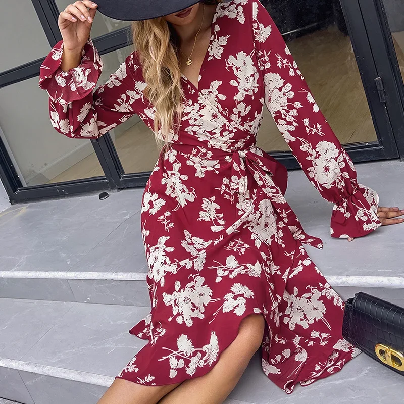 

Autumn New European and 2024 American Women's V-neck Print Red Skirt High Waist Casual Long-sleeved Temperament Dress Women