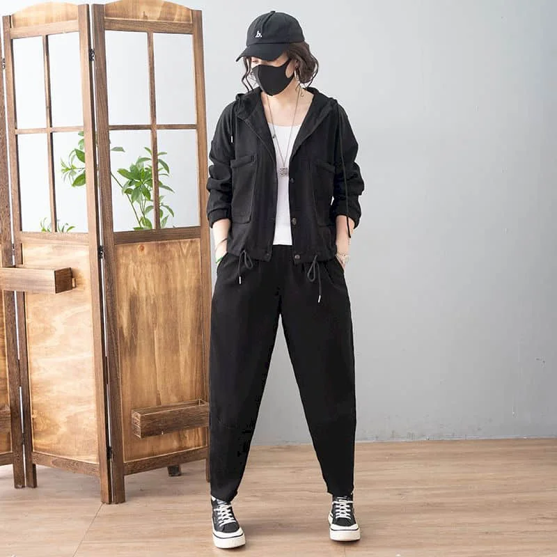 Solid Pants Sets Loose Autumn Winter Vintage Long Sleeve Hooded Coats and Harem Pants Korean Style Tracksuit Women Two Piece Set