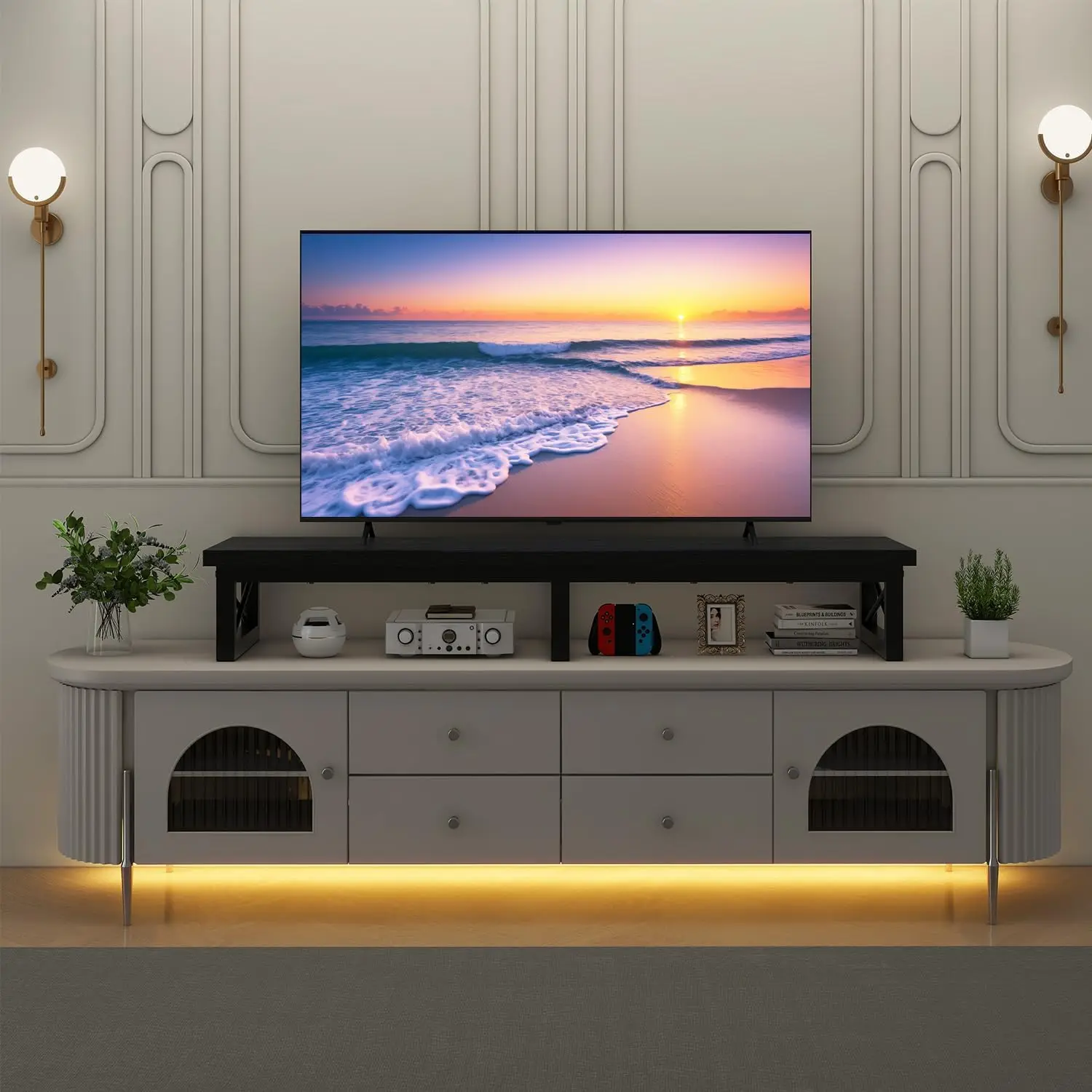 45' Large TV Riser for 32-60 inch TV,Tabletop Short TV Stand with Storage and Steel Legs,Dual Screen Office Desk,Stand Riser