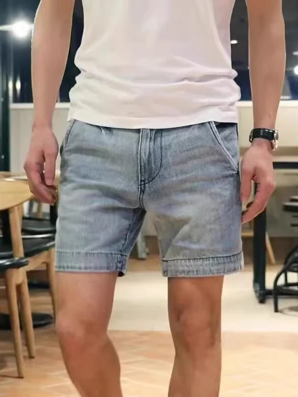 

Summer Men's Mid-Waist Straight Leg Jeans Retro Wash Casual Slim Fit Short Pants American Style Blue Denim Youth Fashion
