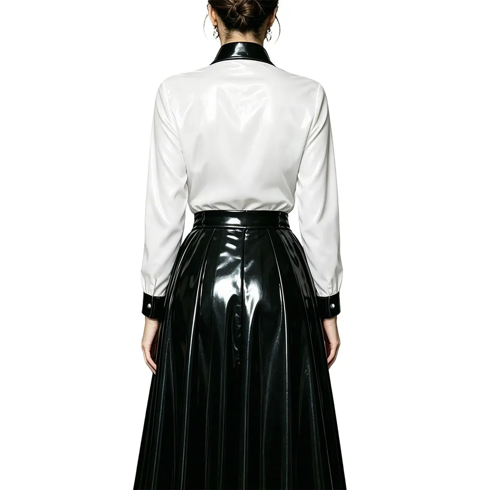 Women PVC Shiny Contrast Color Bow Tie Skirts Suit Glossy Leather Long Sleeve Collared Blouse and Flared Long Skirt Party Outfit