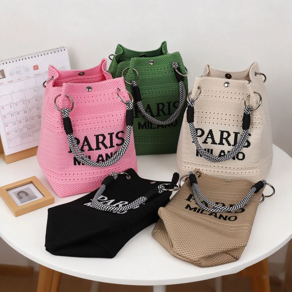 Fashion Hollow-Out Letter Knit Bag Tote Foldable Portable Commuter Woven Soft Yarn Fly-Knit Market Basket Handbag
