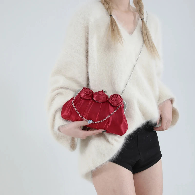 

Women Rose Flower Evening Bag Ladies Floral Pink Handbag Bridal Wedding Party Purse Fashion Beatiful Small Day Clutch Chain