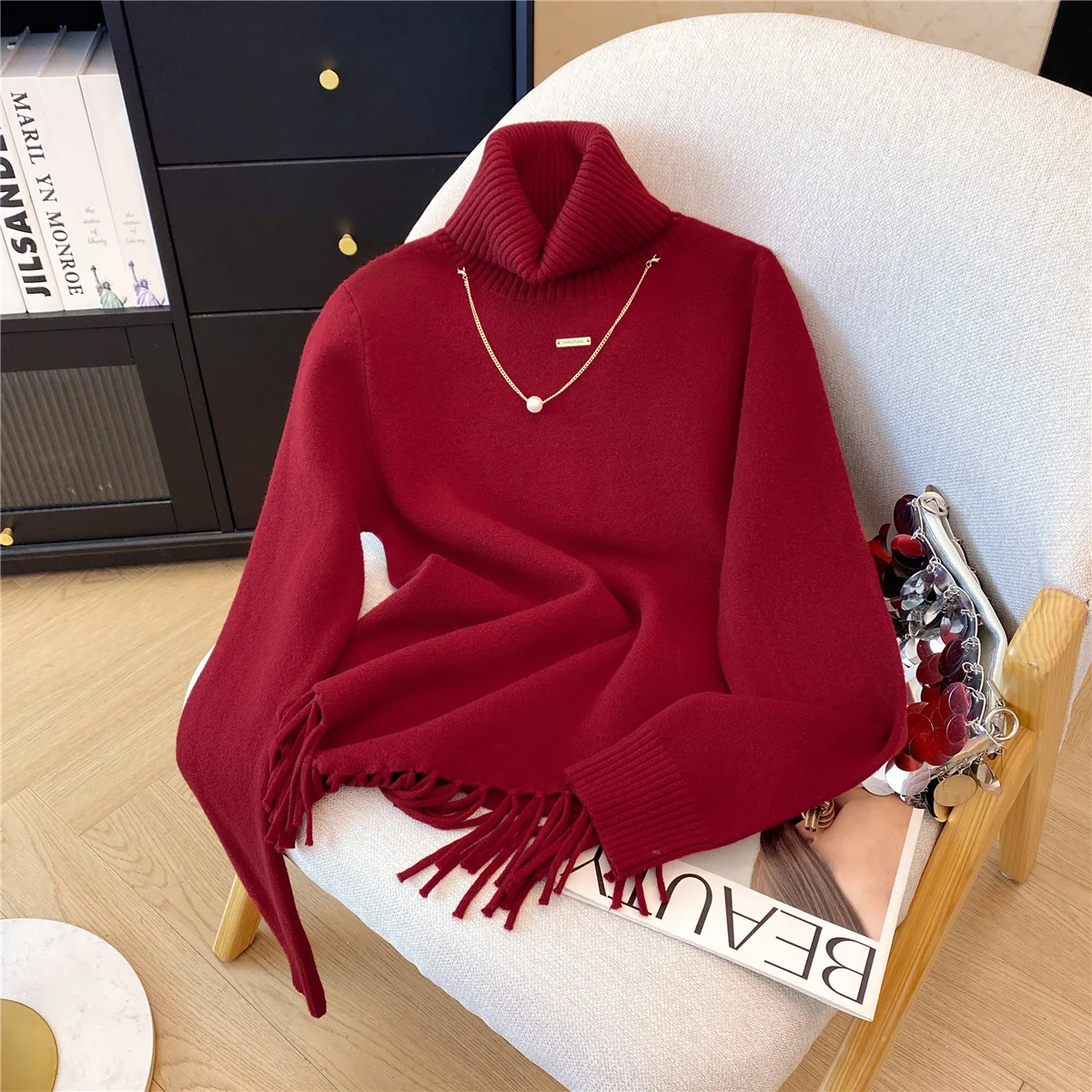 

Women's Christmas Red Turtleneck Knitwear Pullover Long Sleeve Tassel Knit Sweater Harajuku Vintage 2000s Sweater Clothes Autumn