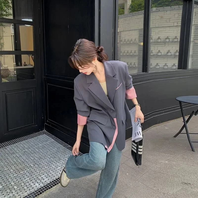 Chaqueta de traje gris para mujer, chaqueta holgada de manga larga con costuras contrastantes, prendas de vestir exteriores para primavera y otoño 2025