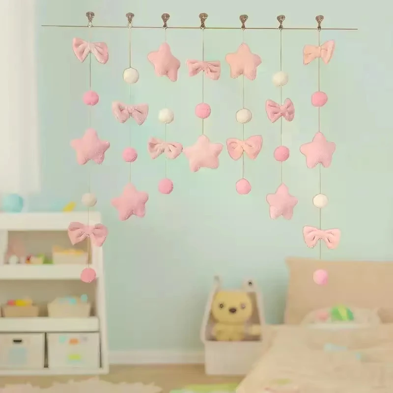 7 Stück/Set Bogenherz-Sternen-Vorhang, Raumteiler, romantischer rosa Quastenvorhang, kurzer Türvorhang, Raumteiler, handgefertigter DIY-Raumteiler – Detail 5