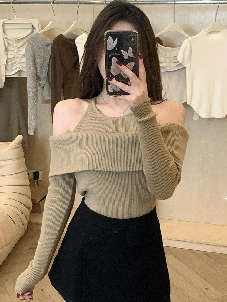 

2024 New Off-shoulder Halter-neck Long-sleeved Knitwear Early Autumn Korean Female Sweater Long-sleeved Student Top Fashion