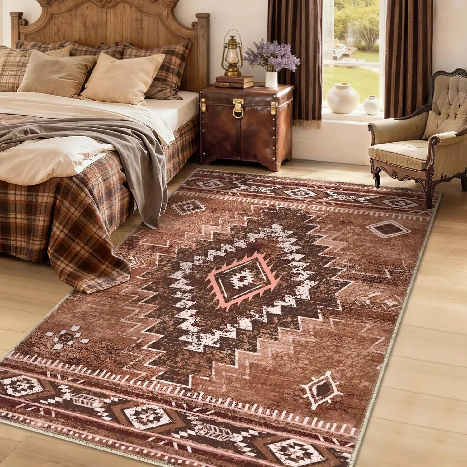 Brown Western Moroccan Aztec Washable Rug, Soft Non-Slip Carpet for Entryway Living Room Dining Room