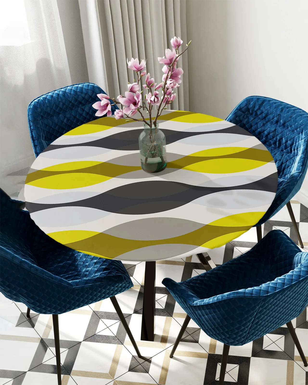 Water Drop Shape Geometric Texture Ripple Yellow Round Elastic Edged Table Cover Protector Cloth Waterproof Fitted Tablecloth