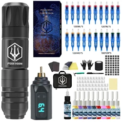 POSEIDON Tattoo Gun Kit Tattoo Supplies Makeup Complete Tattoo Pen Kit Professional Tattoo Kit Wireless Power Tattoo Machine Kit