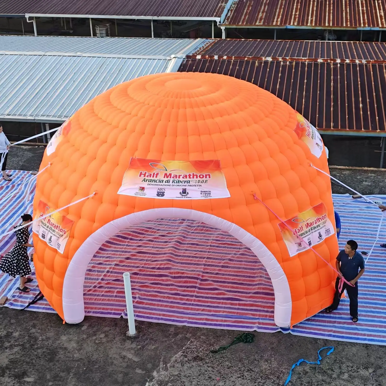 7m diameter orange dome inflatable tent with four doors