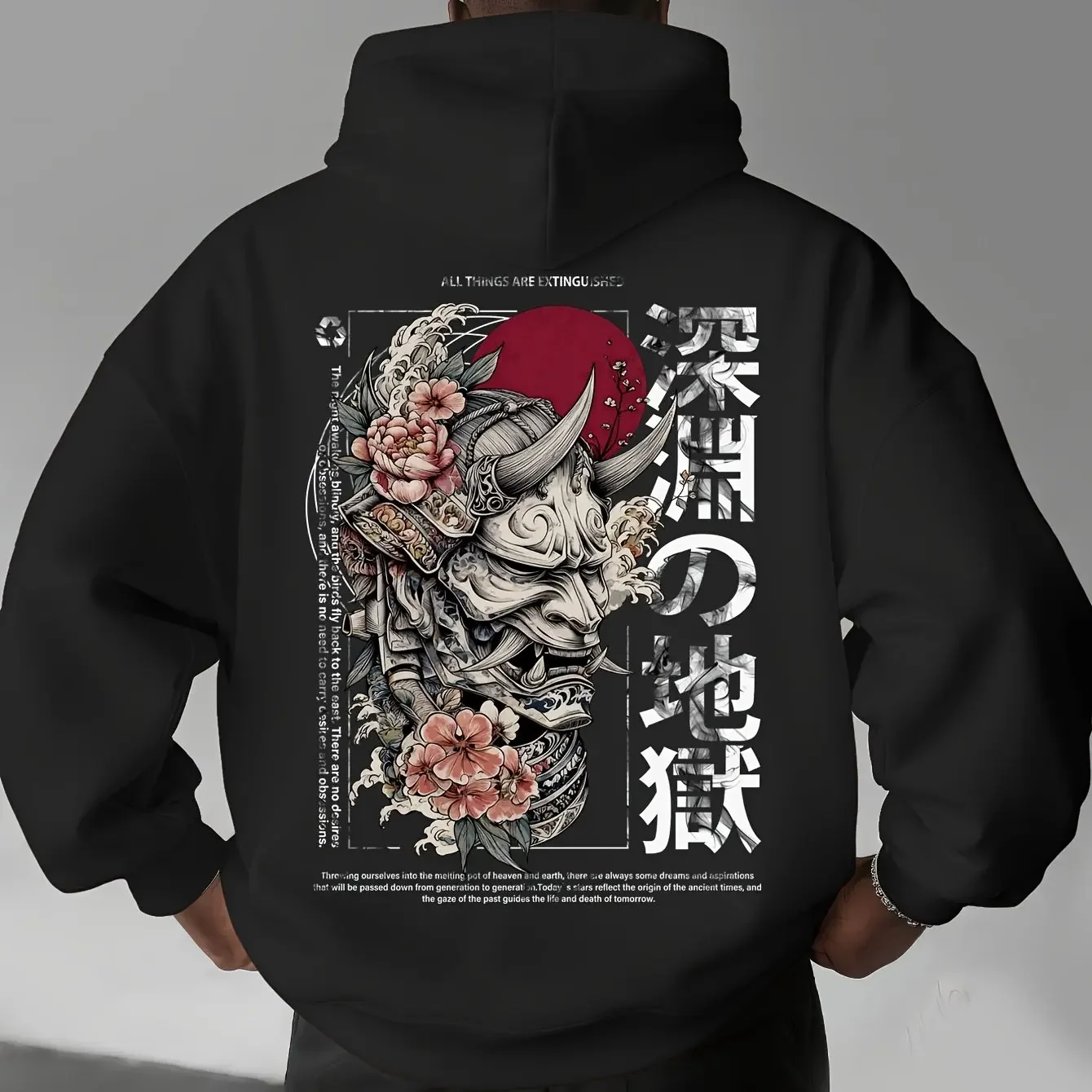 Men Black Oversized Hoodie Japanese Hannya Mask Peony Wave Kanji Back Print Long Sleeve Street Pullover Sweatshirt