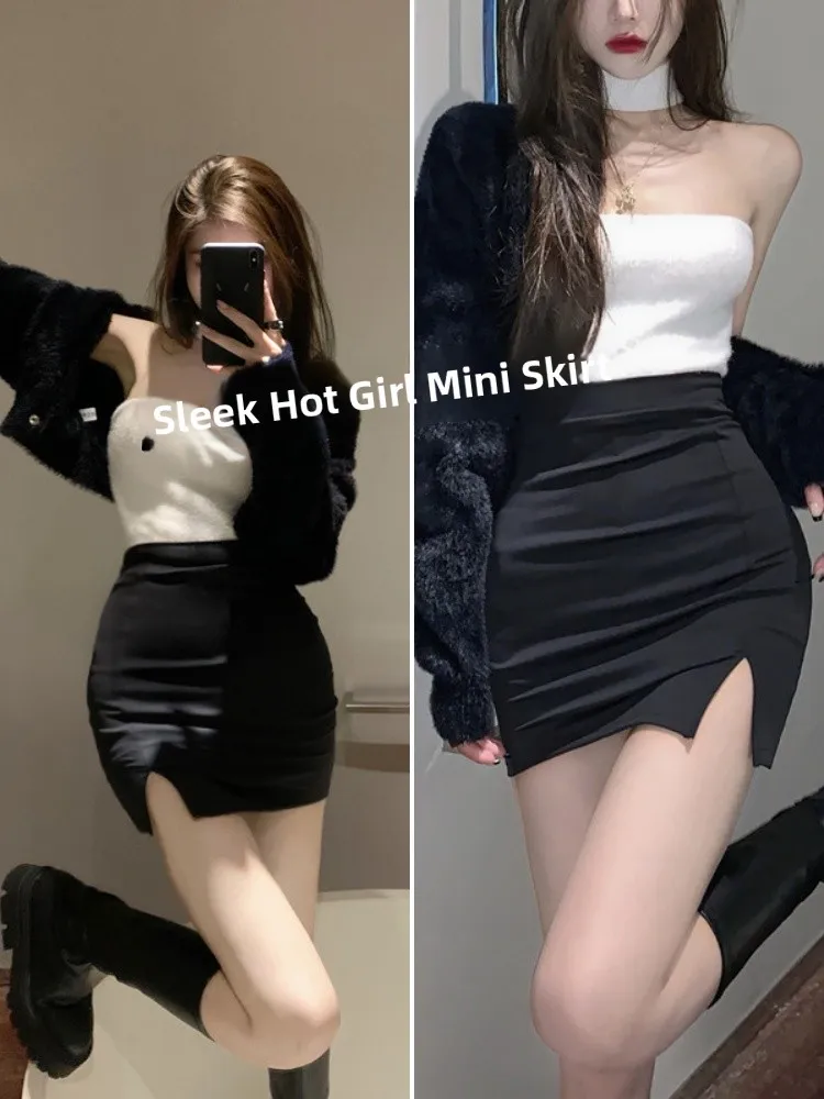 Pure Desire Spring Autumn Black Miniature Women's Suit Elastic  Skirt Sexy Split High Waist Slim Fit Daily Wear Cotton Blend