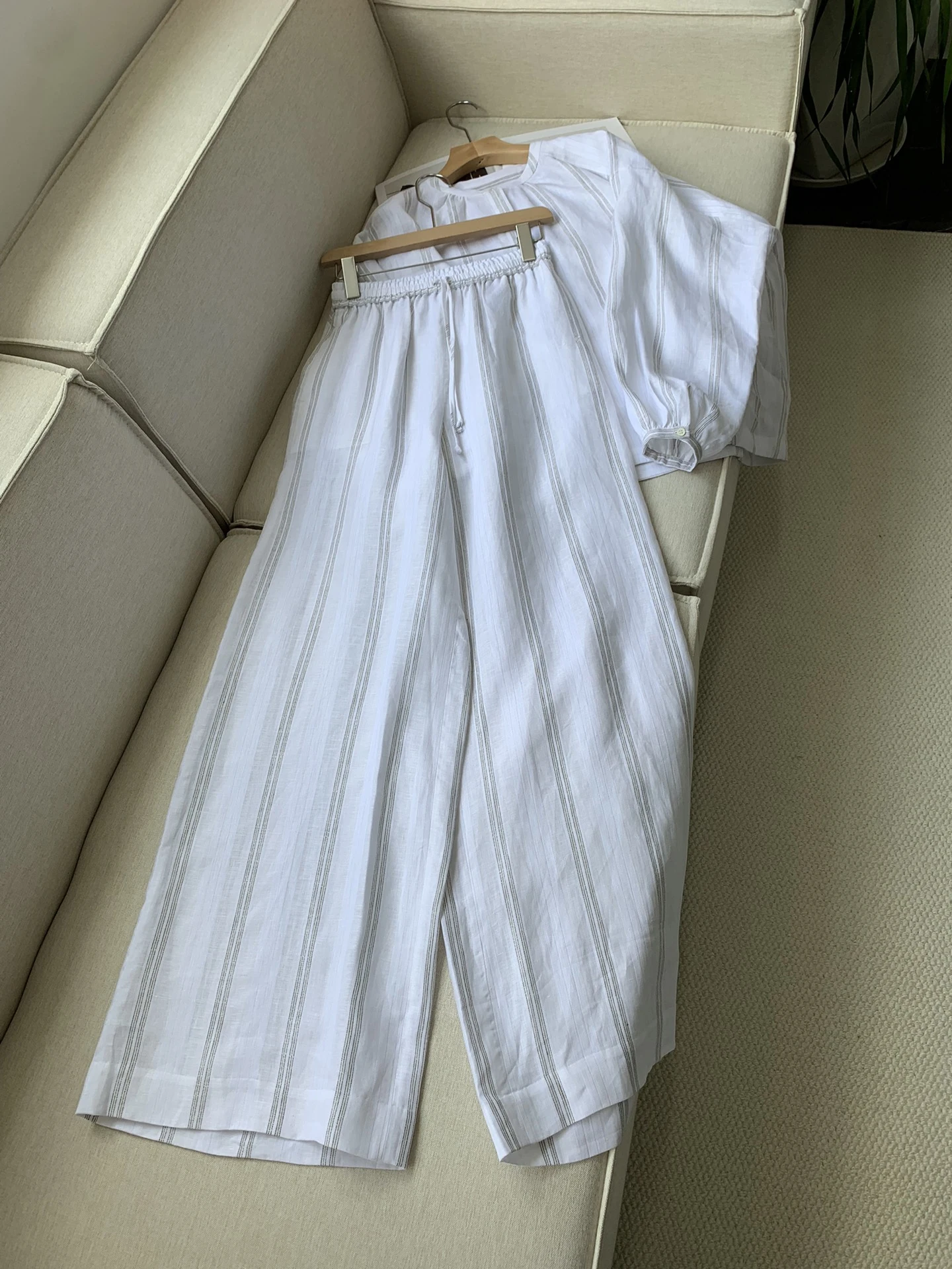 Summer High Quality Slim Casual Striped Top Suit Loose Drape Apricot Wide Leg Pants For Women