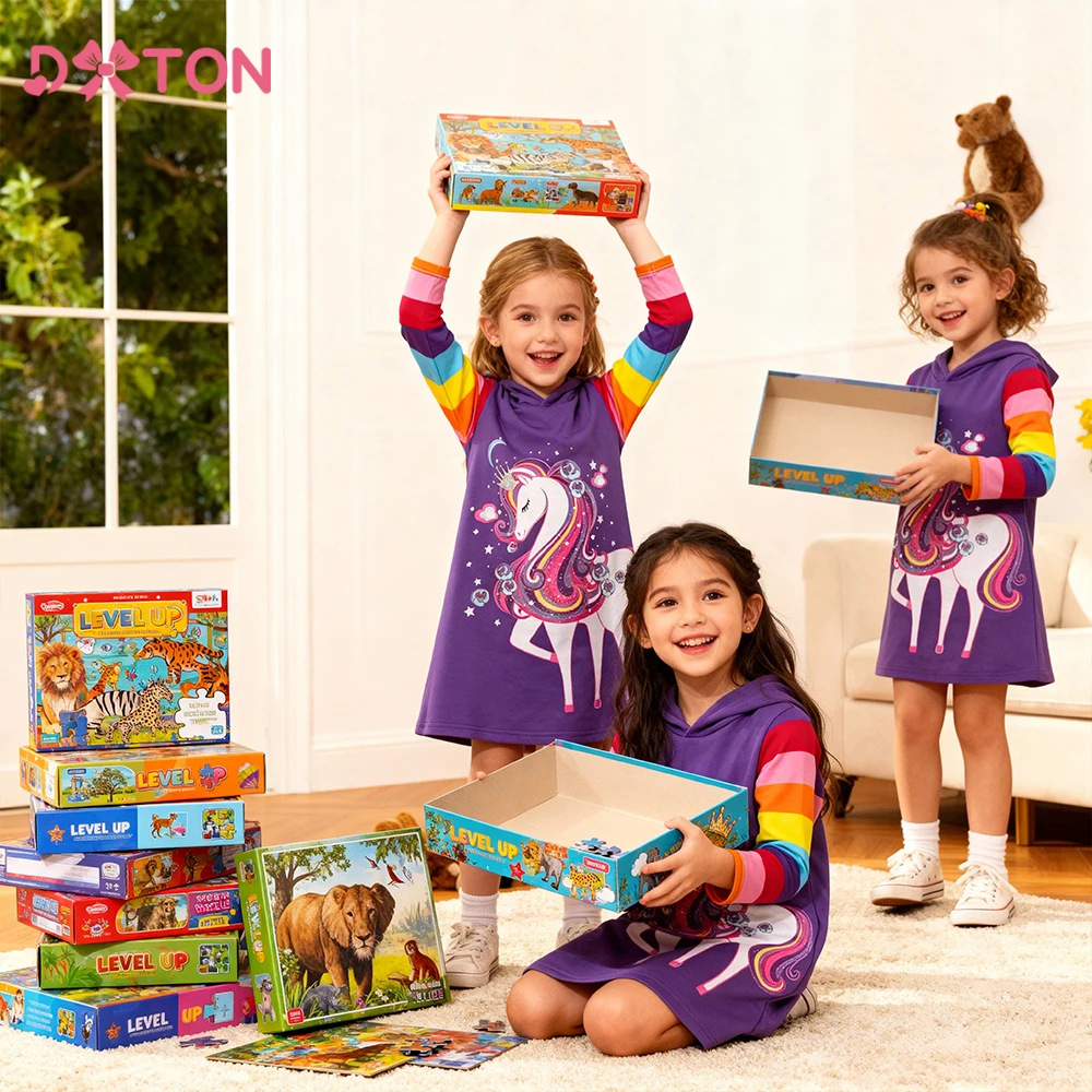 

DXTON Children Hooded Dresses Rainbow Striped Baby Girls Winter Dress Unicorn Toddler Girls Hoodies Clothing Cartoon Kids Dress