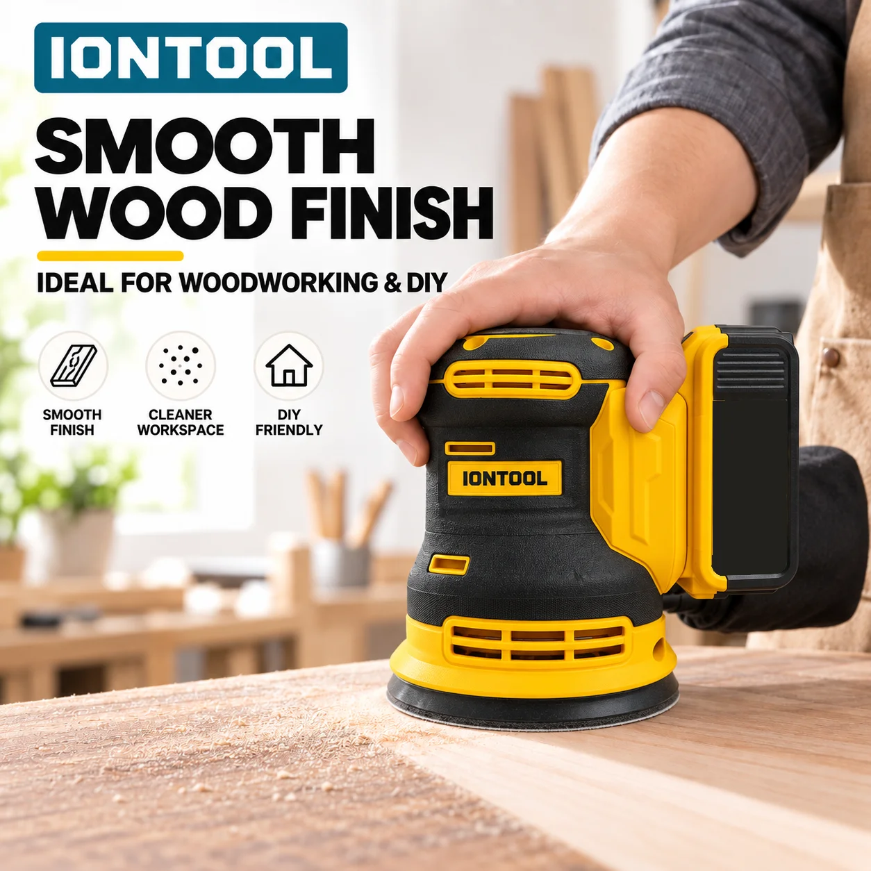 IONTOOL Yellow Cordless Sander 180mm For Wooden Cabinet Sanding and Door Edge Trimming and Surface Paint Removal and Refinishing