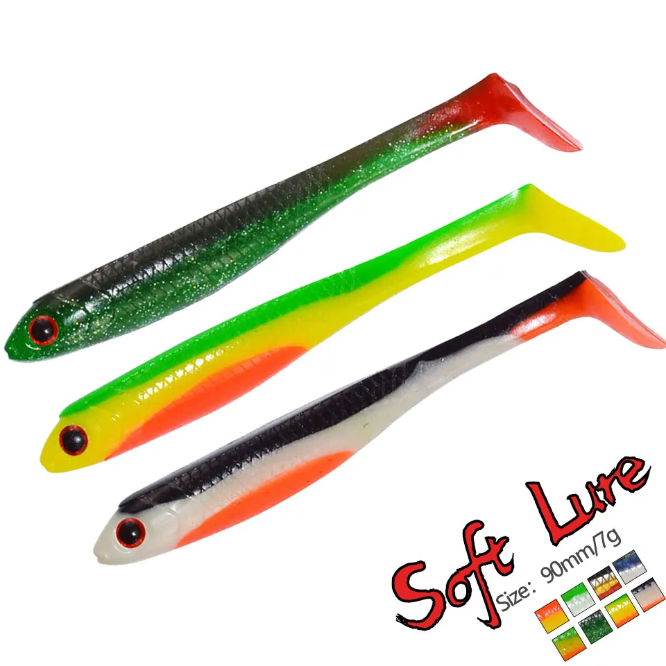 3PCS/LOT 9CM/7G 3D Eye Soft Bait T-tail Swimming Lure High Elasticity Artificial Rocker Suitable For Carp Bass Barracuda