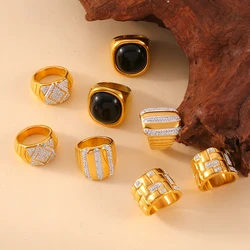 Luxury Stainless Steel Rings For Women Girl Zircon Black Agate Stripe Women Rings Wedding Bands Round Anillos Waterproof Jewelry
