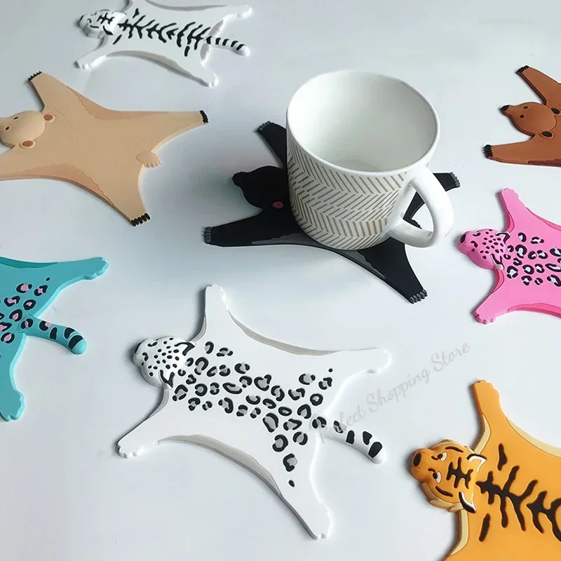 Cute Silicone Coaster Insulated Water Non-slip Pad Cartoon Animal Heat-resistant Cup Mat Tiger Leopard Placemat Home Kitchen