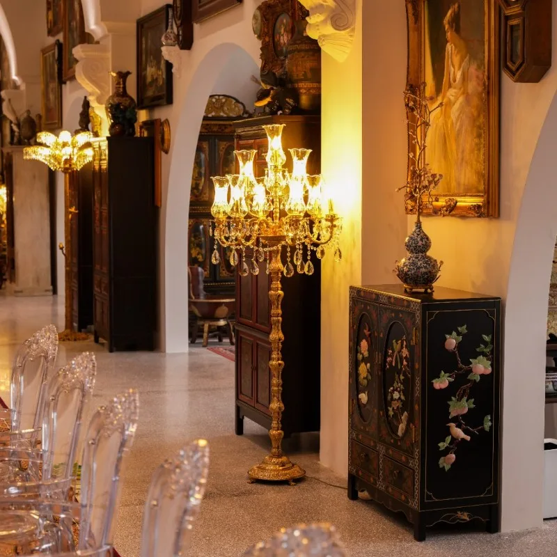 

TD56 European art pure copper, multi-head crystal floor lamp, bar crystal glass, hollow ornament