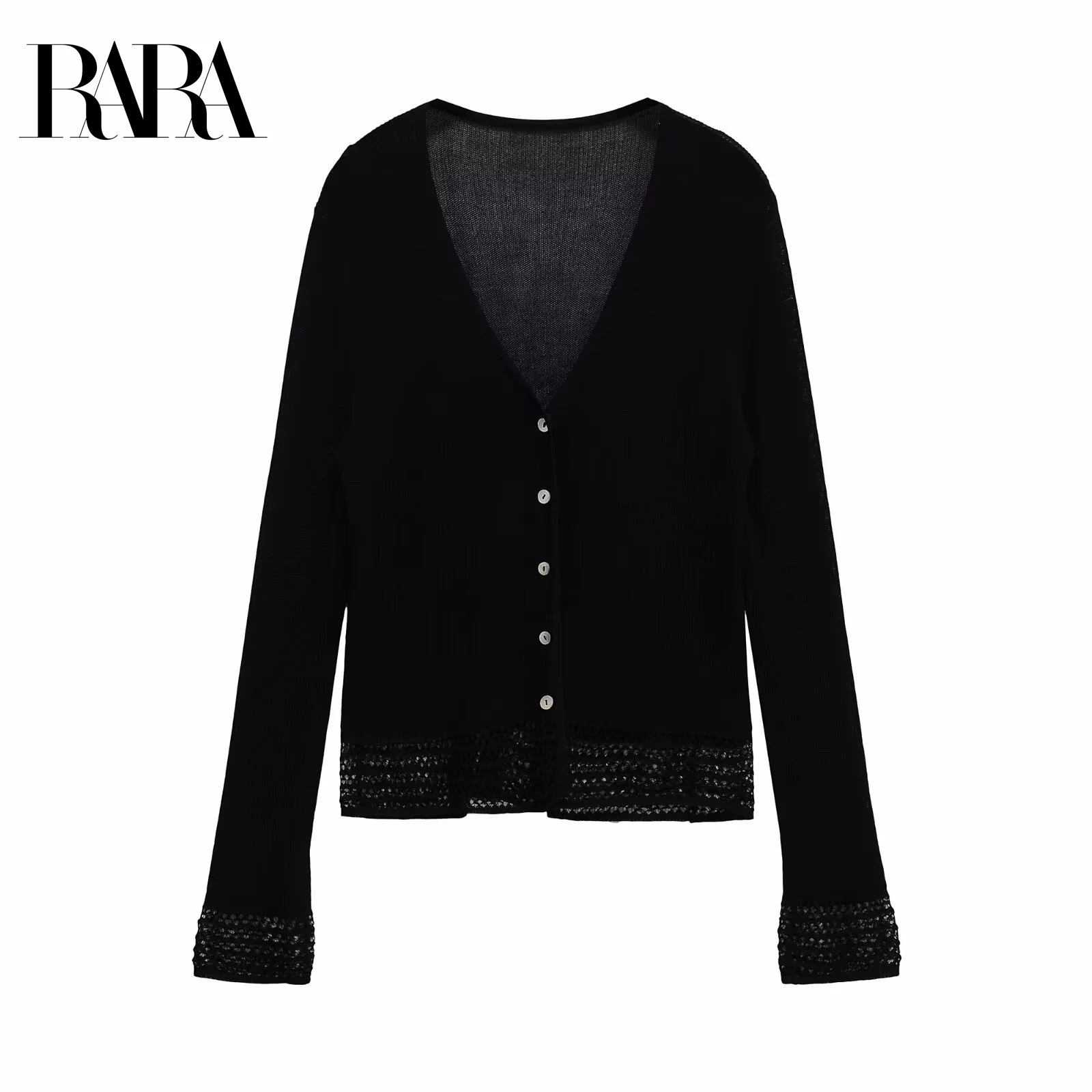 

RARA2025 autumn new women's casual comfortable simple mesh hem buttoned long sleeve V-neck knitted jacket