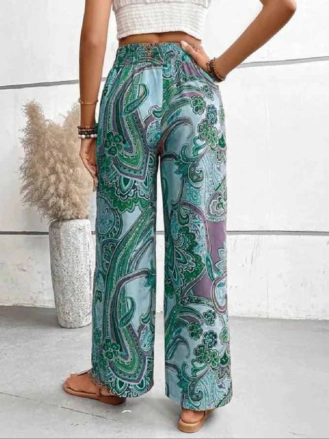 Printed Wide Leg Pants For Women Drawstring Leace-up Bohemian Style Loose Long Pant Lady Fashion Streetwear Casual Trousers New