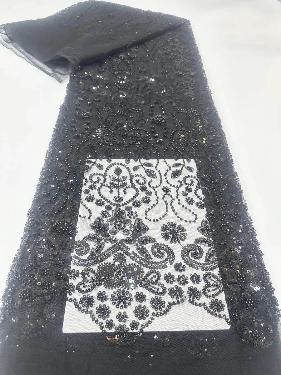 

New Arrival Black African Lace Fabric With Sequins Beads 2025 High Quality Beaded French Lace Fabric For Women Dress Sew LYX2512