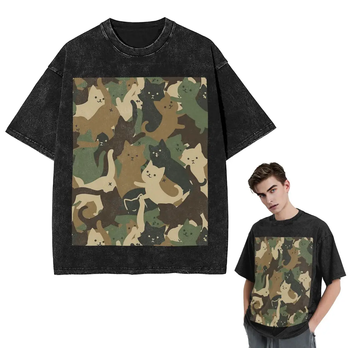 

Streetwear T-Shirts Cats Army Camouflage Washed T Shirt Short Sleeve Hip Hop T-Shirt Tops Tees for Men Women