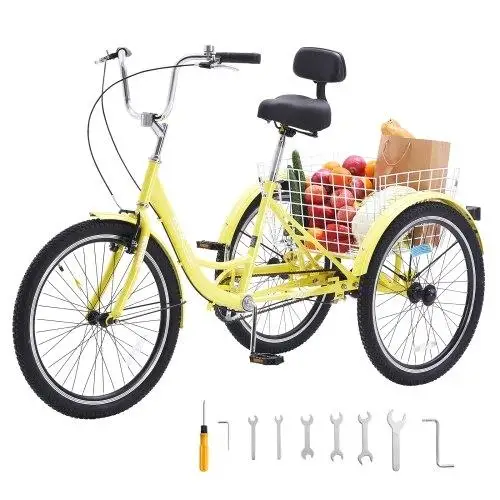 24-Inch Adult Tricycle with Basket, 3-Wheel Bike for seniors , Adjustable Seat, Carbon Steel Cruiser - Yellow